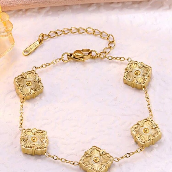 Gold Plated Stainless Steel Floral Square Link Bracelet - Picture 2 of 3